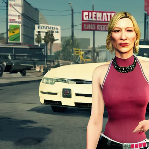 Image similar to cate blanchett as grand theft auto V character , gaming, detailed, 4k