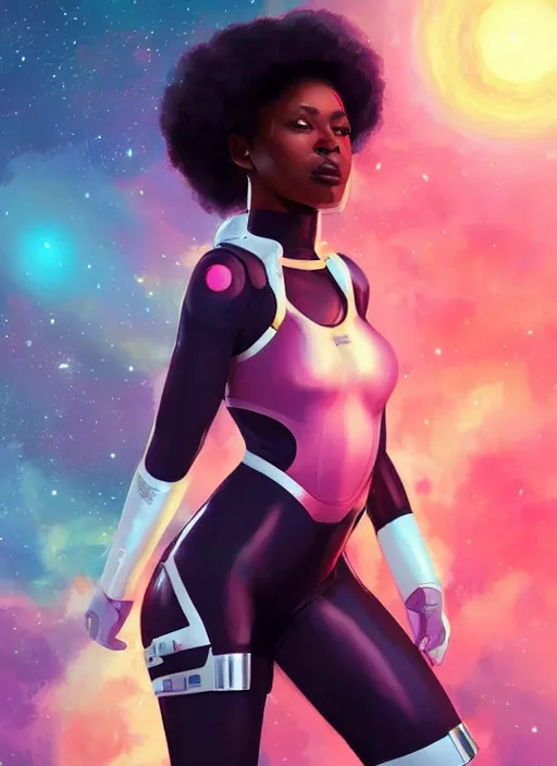 Prompt: beautiful black woman in an advanced spacesuit in front of exploding nebulae halos, digital illustration trending on artstation by artgerm and rutkowski