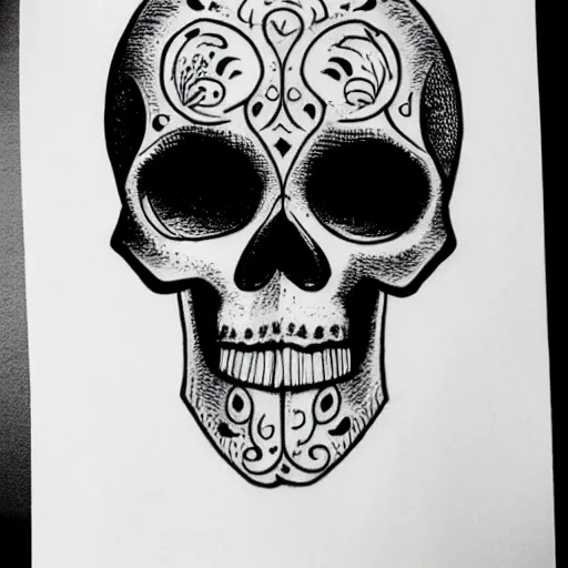 Image similar to skull outline tattoo design, black ink on white paper