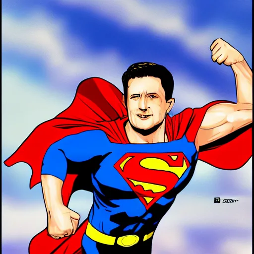 Image similar to Zelensky in a superman outfit, digital art