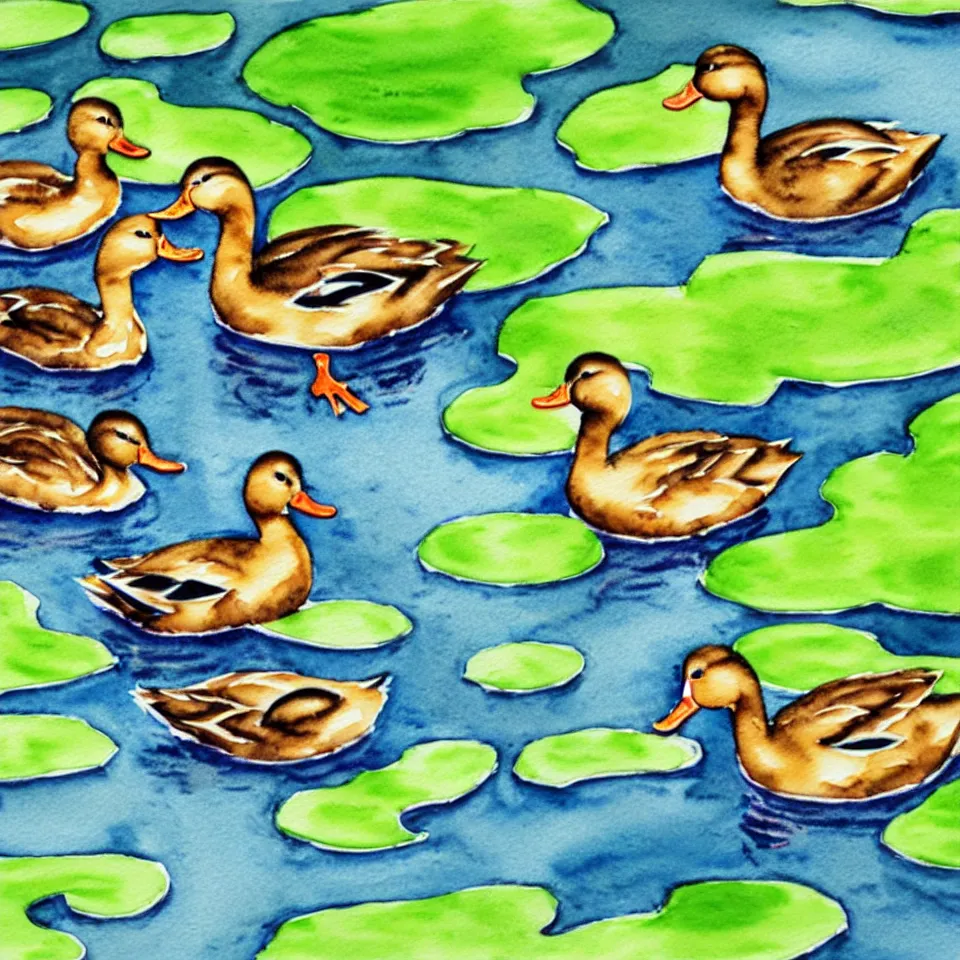 Prompt: watercolor of 3 ducks and 1 frog having a conversation on the side of a pond,