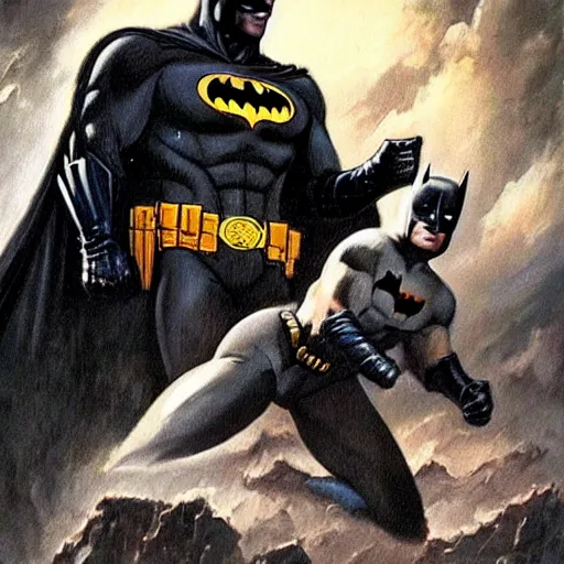 Image similar to an ultra - realistic painting of batman in the style of frank frazetta. 4 k. ultra - realistic. highly detailed. dark fantasy. epic lighting.