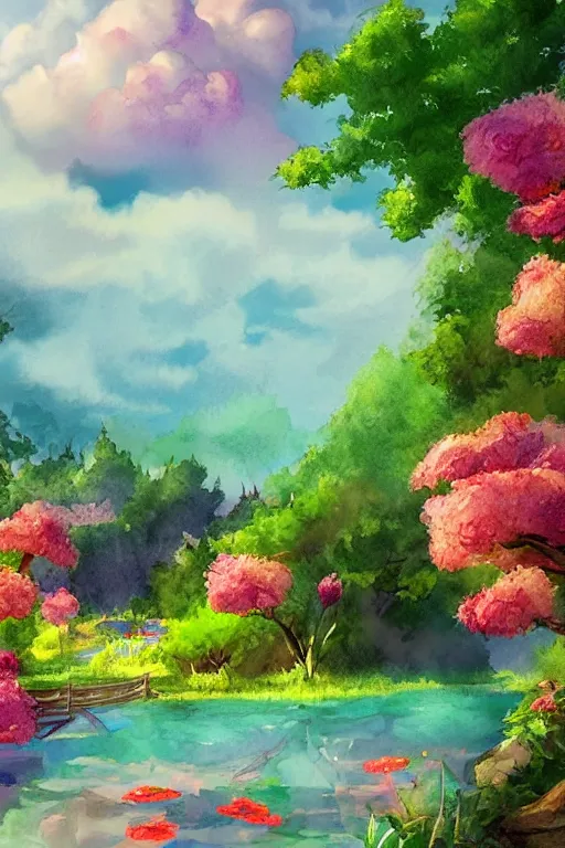 Prompt: beautiful digital watercolor painting of fantasy lake with flowers and trees and candy cloud sky watercolor summer day greg rutkowki artstation