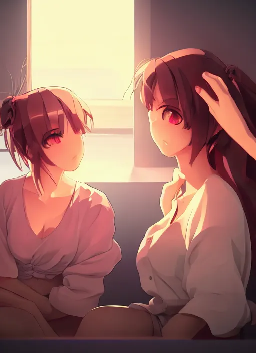 Prompt: two beautiful mothers sitting by a fan on a hot summer evening, gorgeous faces, thick lines, cinematic lighting, detailed anime art,