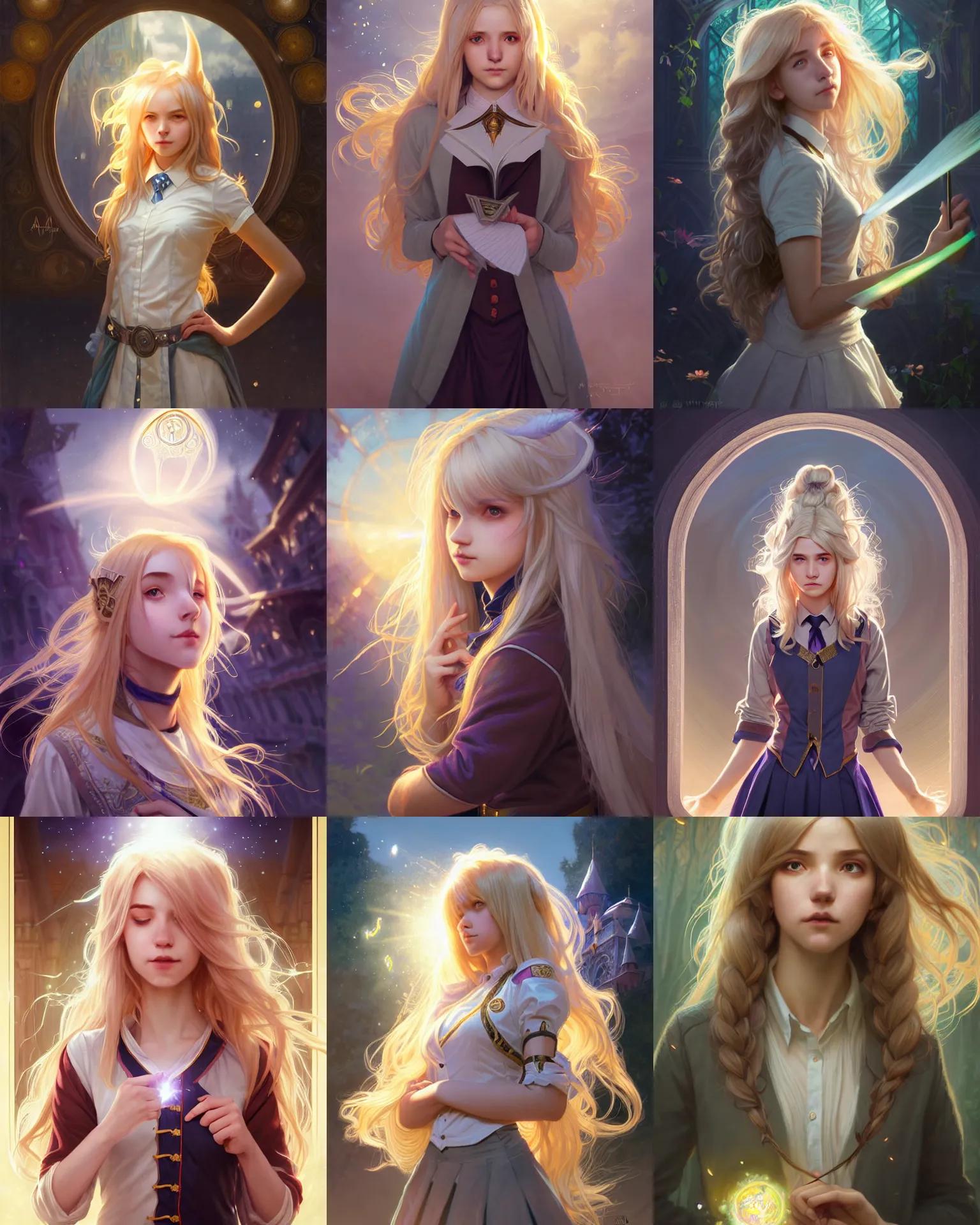 Prompt: portrait of a busy young adult college female, magic uniform university, light - coloured hair, large messy hair style, fantasy building, intricate, sharp focus, lens flare, bloom, rim light, illustration, highly detailed, digital painting, concept art, matte, art by wlop and artgerm and greg rutkowski and alphonse mucha, masterpiece