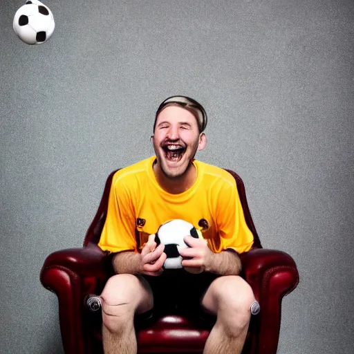 Prompt: realistic photoshoot for a gaming chair, a goofy man short hair is standing by the chair with a soccer ball in his arms, maniacal smile, color film photography, portrait of a beautiful person, in style of Campbell Addy, 35mm