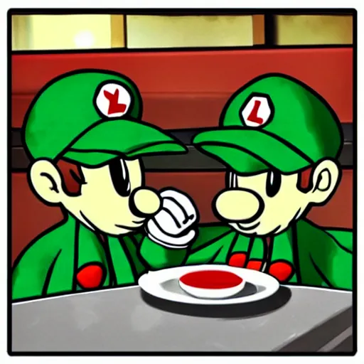 Image similar to “ mario and luigi in a drab cafe in style of godfather ”