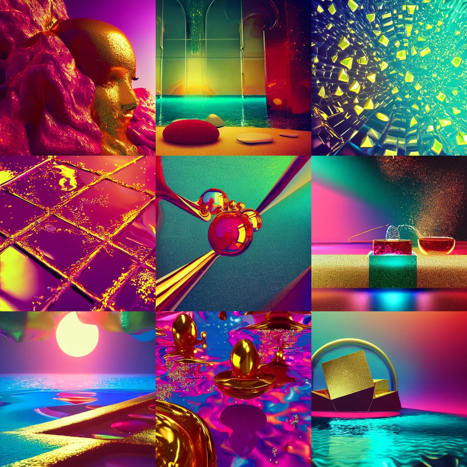 Prompt: vivid conceptual dream of resonating joy, gold, ruby, glass, water, vaporwave, HDR, octane render, 8k, 4k