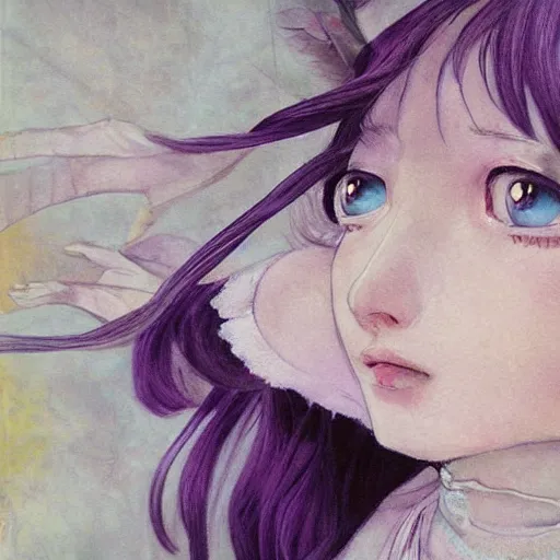 Image similar to little elf girl, tunic, soft hair. light color palate, purple, yellow and white. detailed soft painting, ayami kojima, made in abyss, anatomically correct, inspired in balthus, high detailed face anime, vogue magazine, glorious composition