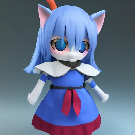 Prompt: cute fumo plush of a foxgirl adventurer, blue dress, three point lighting, dramatic, vray