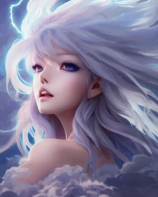 Image similar to character concept art of an anime thunderstormy cloud goddess of lightning | | cute - fine - face, pretty face, realistic shaded perfect face, fine details by stanley artgerm lau, wlop, rossdraws, james jean, andrei riabovitchev, marc simonetti, and sakimichan, seoul, south korea, trending on artstation