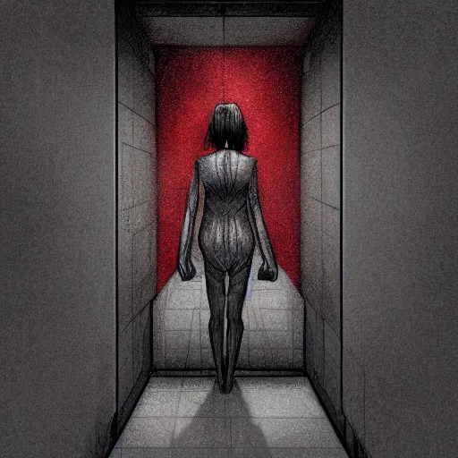 Image similar to a nightmare isolated in an elevator, alone, surrounded by darkness and screaming for help, digital art