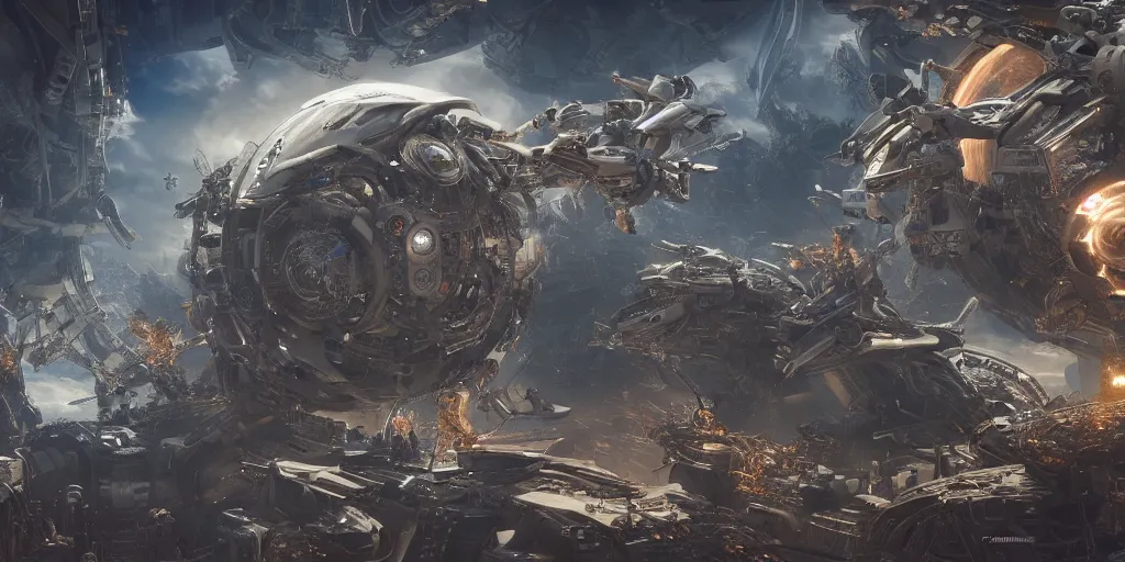 Image similar to God's Angels and Cherubs in a war against a singular collosal futuristic machine, realistic 4k octane beautifully detailed render, 4k post-processing, highly detailed, intricate complexity, epic composition, magical atmosphere, cinematic lighting, masterpiece, ultra hd