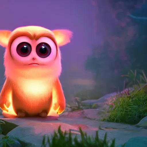 Image similar to adorable glowing creature, trending on artstation, cute, big eyes, concept art, pixar, disney, highly detailed, cinematic composition, unreal engine, 3 d rendered in octane