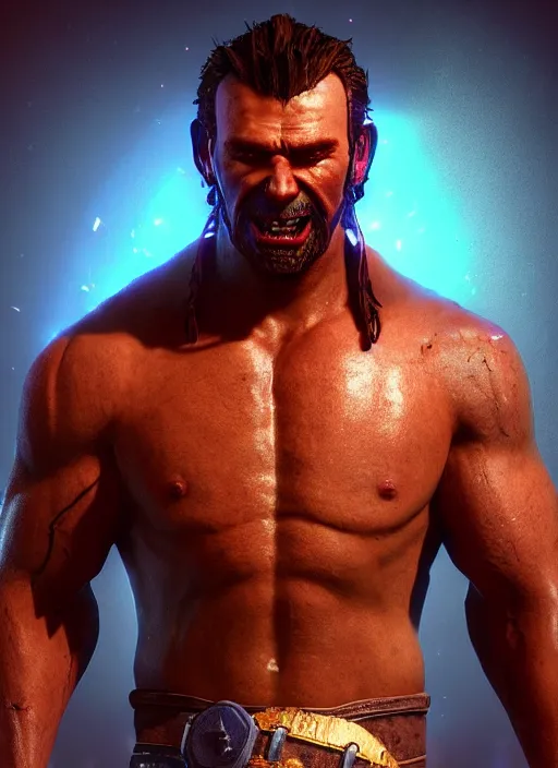 Image similar to glowwave portrait of a muscular demon, au naturel, hyper detailed, digital art, trending in artstation, cinematic lighting, studio quality, smooth render, unreal engine 5 rendered, octane rendered, art style by pixar dreamworks warner bros disney red dead redemption far cry doom cyberpunk 2 0 7 7 riot games and overwatch.