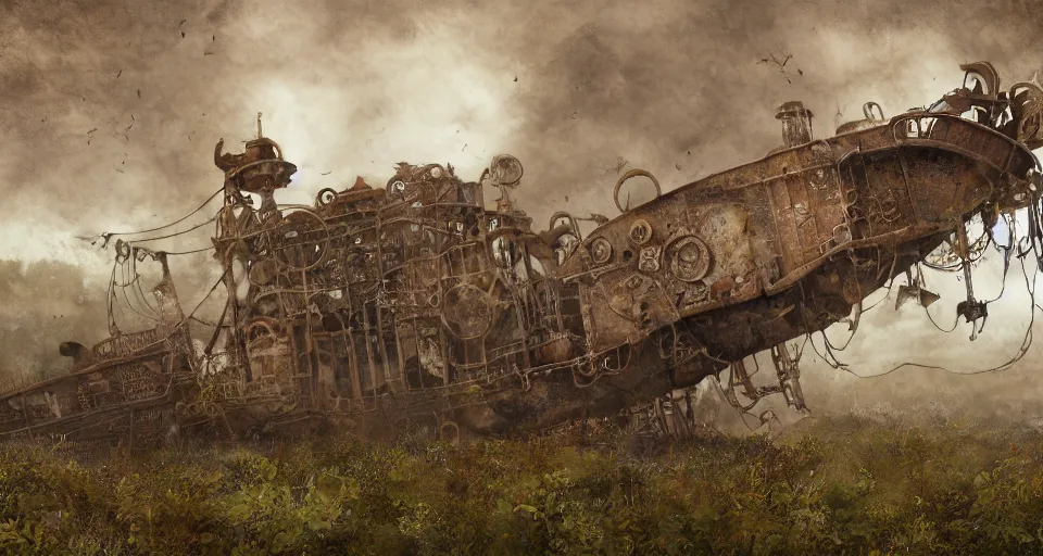 Image similar to rusty broken steampunk flying ship taken by ferns and vines, steppe, misty background, from the game pathologic 2, highly detailed, sharp focus, matte painting, by studio ghibli, by su jeong ahn, by isaac levitan and asher brown durand,