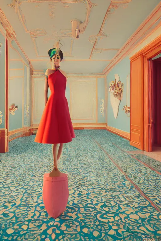 Prompt: Elegant Beautiful Vibrant dress dress Inspired by Wes Anderson with a blurred atmospheric colourful background. Ultra HD, Cinematic, IMAX quality, Realistic. Octane Render, V-Ray. Hyper realism. Ultra Detailed. Sharp. 50mm, f/1.8