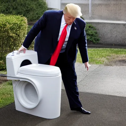 Prompt: photo of Donald Trump flushing paper down the toilet