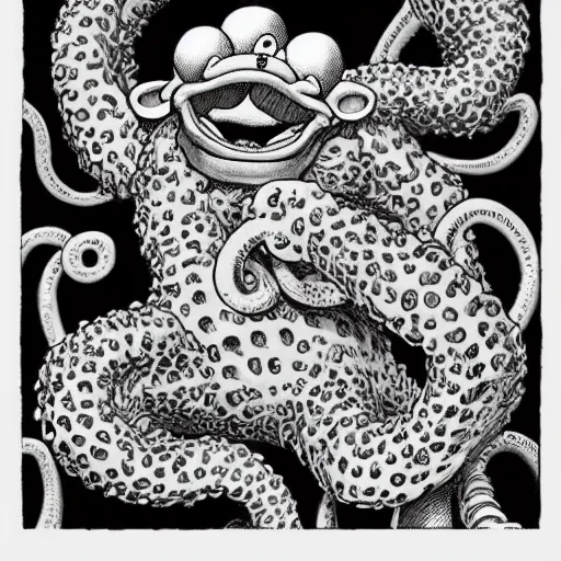 Prompt: A tentacle monster with faces of Mickey Mouse by Kentaro Miura, highly detailed, black and white