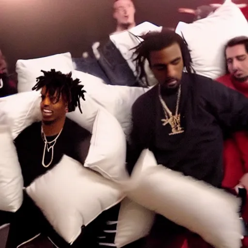 Prompt: playboi carti having a pillow fight with kanye west