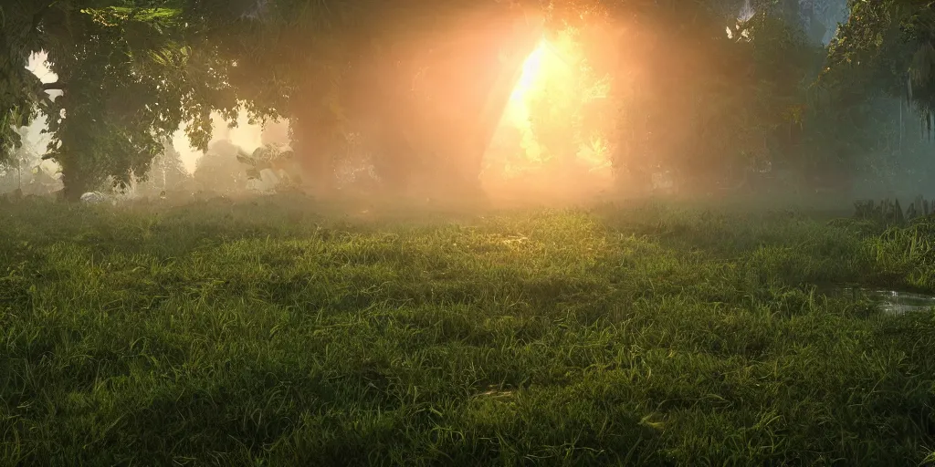 Prompt: lush green vegetation covered in spiderweb, ground - level view, puddles of water, stunning volumetric lighting, sunset, trending on artstation, 8 k, photorealistic, hyper detailed, unreal engine 5, cinematic, epic lighting, cryengine, octane render, cyberpunk, red and orange glow, dark, gloomy