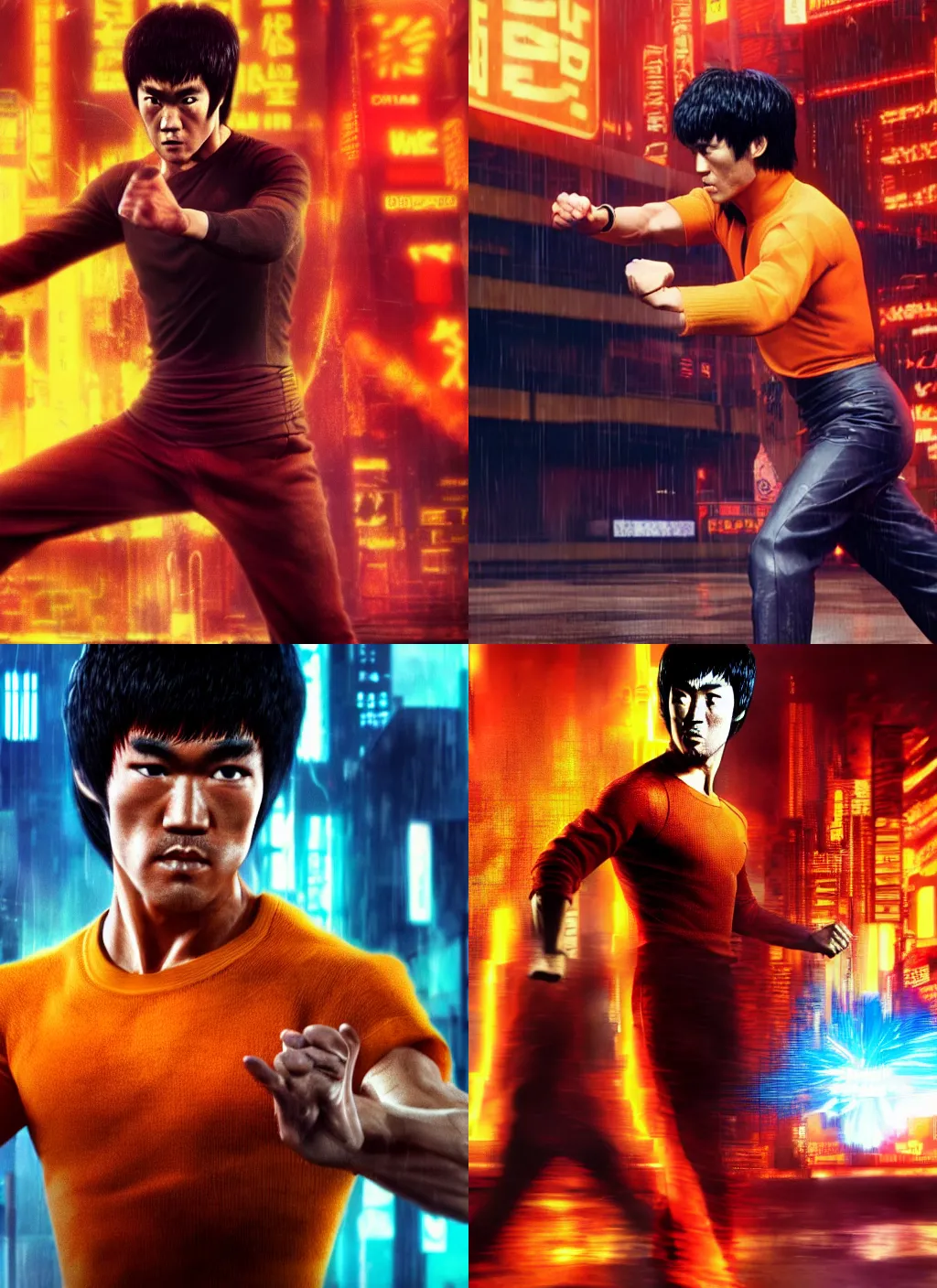 Prompt: bruce lee as real life goku in blade runner 2 0 4 9, octane render, 4 k quality, cyberpunk city