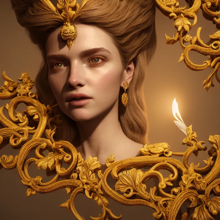 Prompt: wonderful princess of vines with a cream skin, ornate 8 k gorgeous intricate gold detailed, accent white lighting, dramatic light, octane render