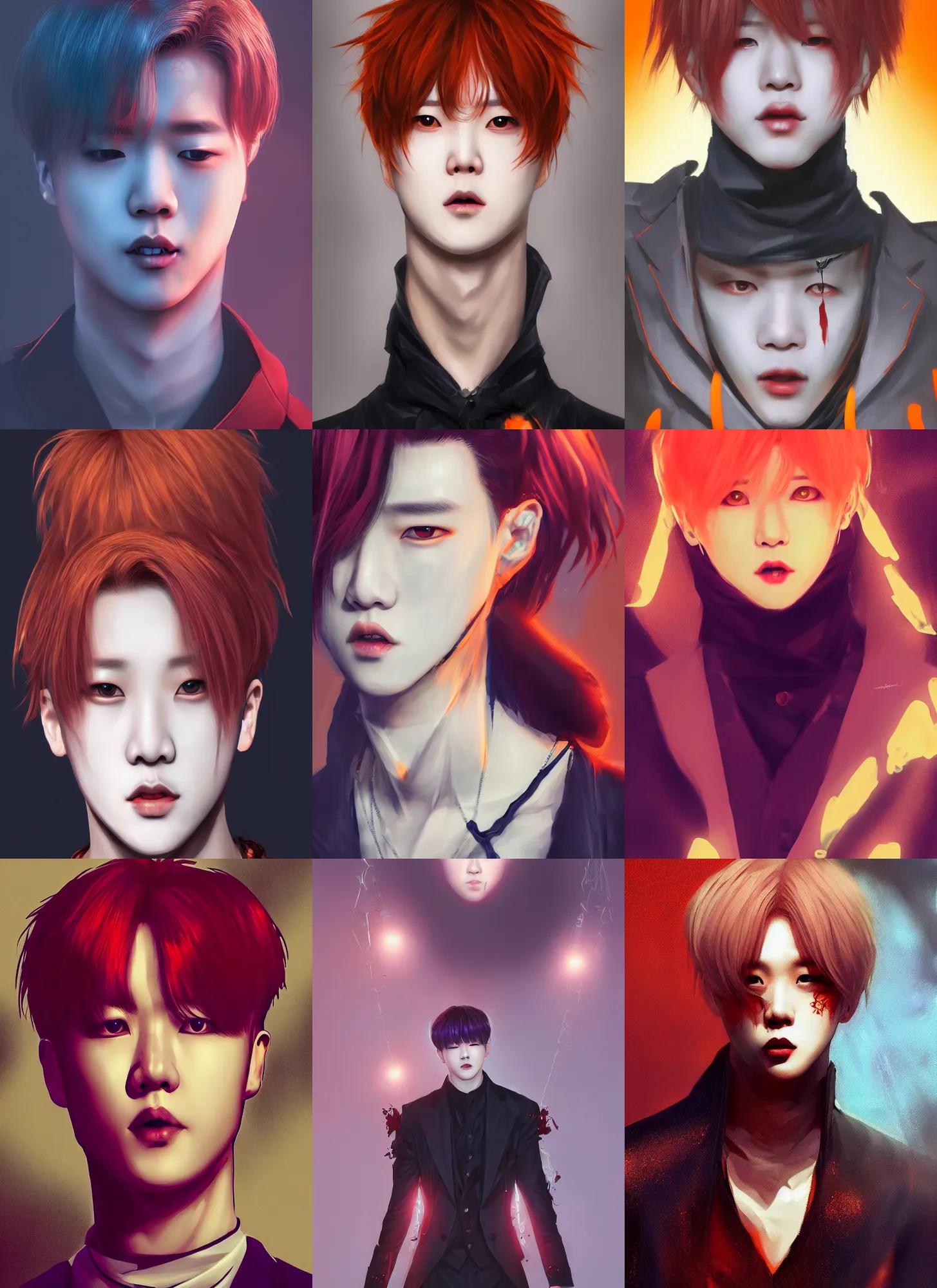 Prompt: park jimin as a vampire. wearing intricate styled outfit, semi realism, anime realism, symmetrical face, slim face, appealing, photorealism, uhd, amazing depth, glowing, golden ratio, sakimichan, greg rutowski, volumetric lighting, cinematic lighting, red orange lighting, artstation concept art