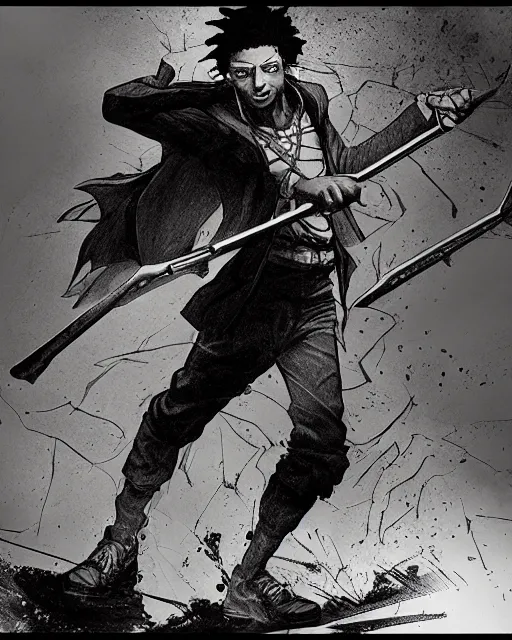 Image similar to a very detailed pencil drawing of 2 1 savage in demon slayer manga panel, action lines, greg rutkowski, in field high resolution, dynamic pose, landscape, medium portrait, action, hyper realistic, manga, koyoharu gotouge, sakuga