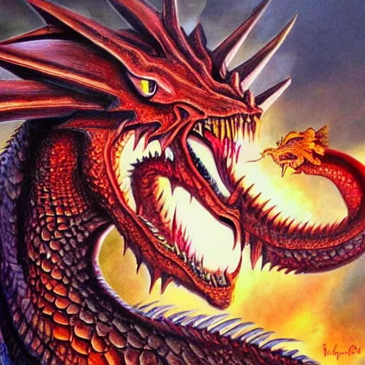 Image similar to dragon head painting, fantasy style, highly detailed, intense