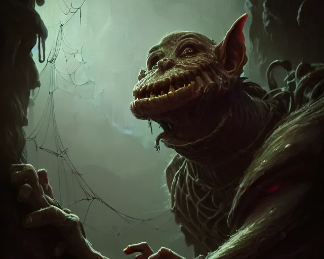 Prompt: a 4 k cinematic screenshot still portrait of a goblin in a dark liminal space room surrounded by spider webs, deep focus, d & d, fantasy, intricate, elegant, highly detailed, digital painting, art station, concept art, matte, sharp focus, illustration, dark fantasy style art, hearthstone, art by artgerm and greg rutkowski and alphonse mucha