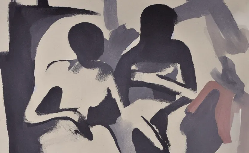 Image similar to minimal painting of seated figure hands on table. similar aesthetics to ivon hitchins and in the style of john craxton sailors. a table. studio lighting. charcoal. holding