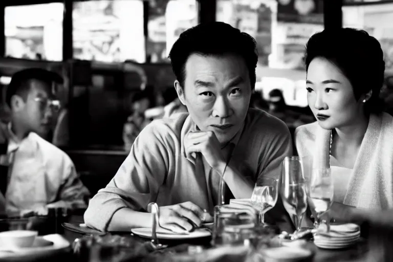 Image similar to movie interior closeup beautiful Asian couple closeup sitting and talking at 50s diner, night in the city, beautiful skin, by Emmanuel Lubezki