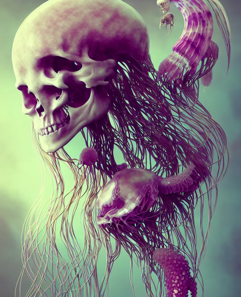 Image similar to goddess close - up portrait human skeleton, ram skull, jellyfish, orchid, betta fish, bioluminiscent, intricate artwork by tooth wu and wlop and beeple. octane render, trending on artstation, greg rutkowski very coherent symmetrical artwork. cinematic, hyper realism, high detail, octane render, 8 k