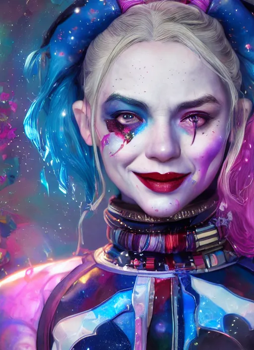 Image similar to cosmic portrait of harley quinn as a celestial being, hyper detailed, digital art, cinematic lighting, studio quality, smooth render, unreal engine 5, octane rendered, art style by klimt and nixeu and ian sprigger and wlop and krenz cushart.