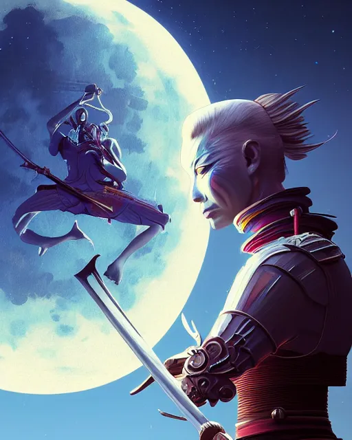 Image similar to highly detailed surreal vfx portrait of a metallic chromatic samurai in front of a full moon, stephen bliss, unreal engine, greg rutkowski, loish, rhads, beeple, makoto shinkai and lois van baarle, ilya kuvshinov, rossdraws, tom bagshaw, alphonse mucha, global illumination, detailed and intricate environment