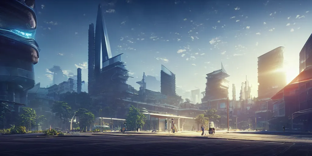 Prompt: street view of utopian solarpunk city, futuristic architecture, hyperrealism, octopath traveler, octane render, misty, highly rendered, global illumination, radiant light, golden hour, cinematic, by vincent callebaut and zaha hadid and zack snyder, 8 k