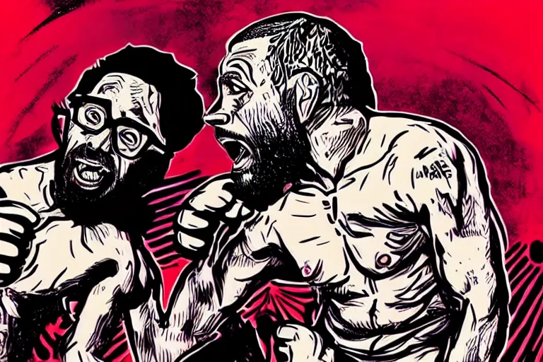 Prompt: Sam Hyde fighting Joe Rogan in the UFC octagon, Mike Judge art style, 90's mtv illustration, clean linework