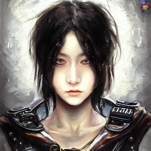 Image similar to portrait of a girl by ayami kojima, mixture between japanese and russian, she is about 2 0 years old, messy black bob hair, very tall and slender, she is wearing a steampunk tactical gear, highly detailed portrait, digital painting, artstation, concept art, smooth, sharp foccus ilustration, artstation hq