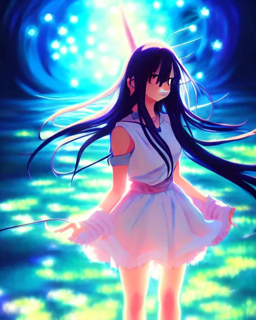 Prompt: anime style, vivid, expressive, full body, 4 k, painting, a cute magical girl with a long wavy black hair, stunning, realistic light and shadow effects, centered, simple background, studio ghibly makoto shinkai yuji yamaguchi