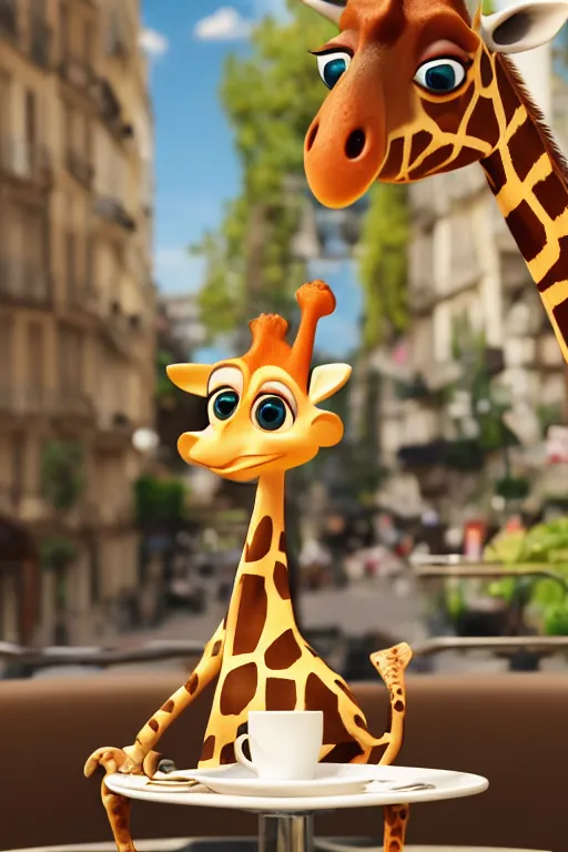 Image similar to a giraffe with big eyes looking for a cup of coffee in beautiful morning café in Paris. Pixar Disney 4K 3d render funny animation movie Oscar winning trending on ArtStation and Behance. Ratatouille style.