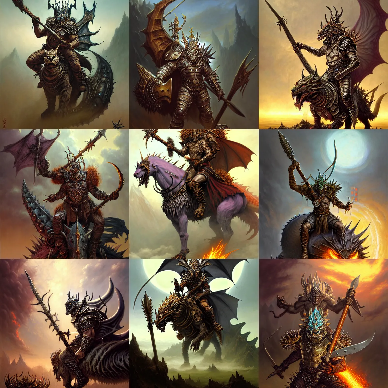 Prompt: fantasy character portrait, orc king in spiky armor with an aura, wearing a dragon mask, sitting on tiger cavalry, holding an axe, ultra realistic, wide angle, intricate details, highly detailed by peter mohrbacher, hajime sorayama, wayne barlowe, boris vallejo, aaron horkey, gaston bussiere, craig mullins