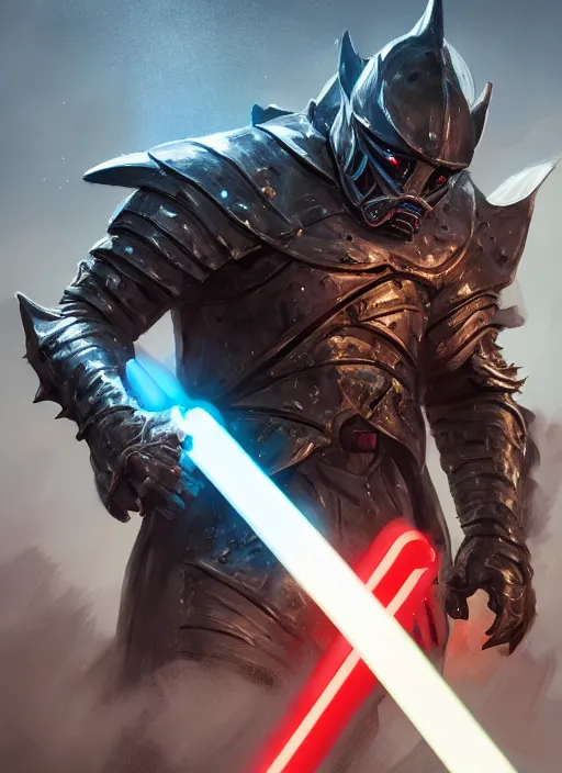 Image similar to side portrait of a shark knight holding a double bladed lightsaber, fantasy, d & d, heartstone, digital painting, volumetric light, intricate, sharp, focus, bloom, illustration, highly detailed, concept art, matte, ruan jia, randy vargas, greg rutkowski