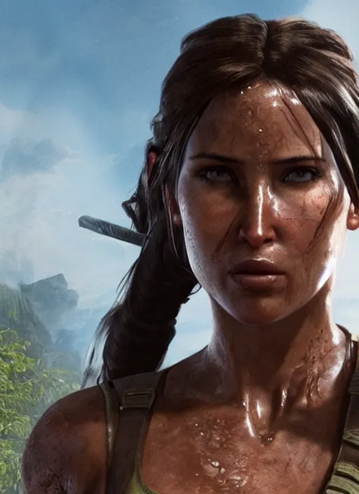 Image similar to an film still of lara croft face getting sweat because of the sun heat, she looks thirsty