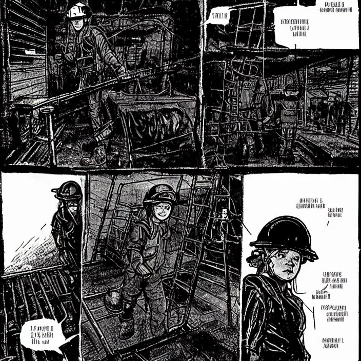 Prompt: sadie sink as a miner pulling a mine cart. in a coal mine. storyboard, scifi cyberpunk. by gabriel hardman, joe alves, chris bonura. cinematic atmosphere, detailed and intricate, perfect anatomy