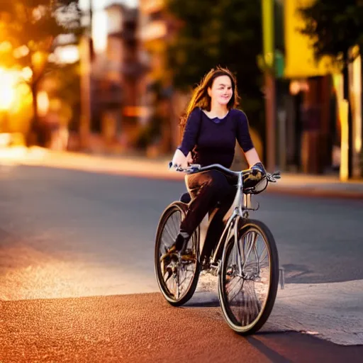 Prompt: a beautiful girl rides a bicycle on the street at dusk