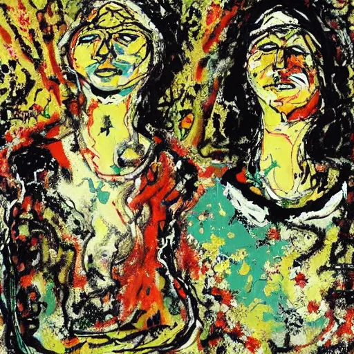 Prompt: a portrait of two beautiful 3 0 year old sisters in a scenic environment by jackson pollock