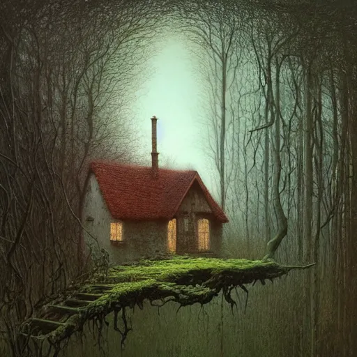 Image similar to small cottage in the forest by zdzisław beksinski, marco mazzoni, peter gric, oil on canvas, highly detailed, whimsical, fantasy