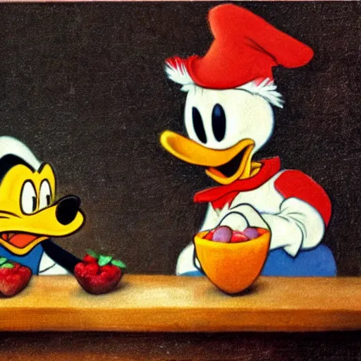 Prompt: donald duck and a donald trump character are sitting in front of a bowl of stawberries, drawing by rembrandt