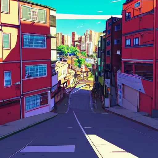 Image similar to city street, sloped street, city on mountainside, street scene, colorful buildings, cel - shading, 2 0 0 1 anime, flcl, jet set radio future, golden hour, japanese town, concentrated buildings, japanese neighborhood, construction site, cel - shaded, strong shadows, vivid hues, y 2 k aesthetic